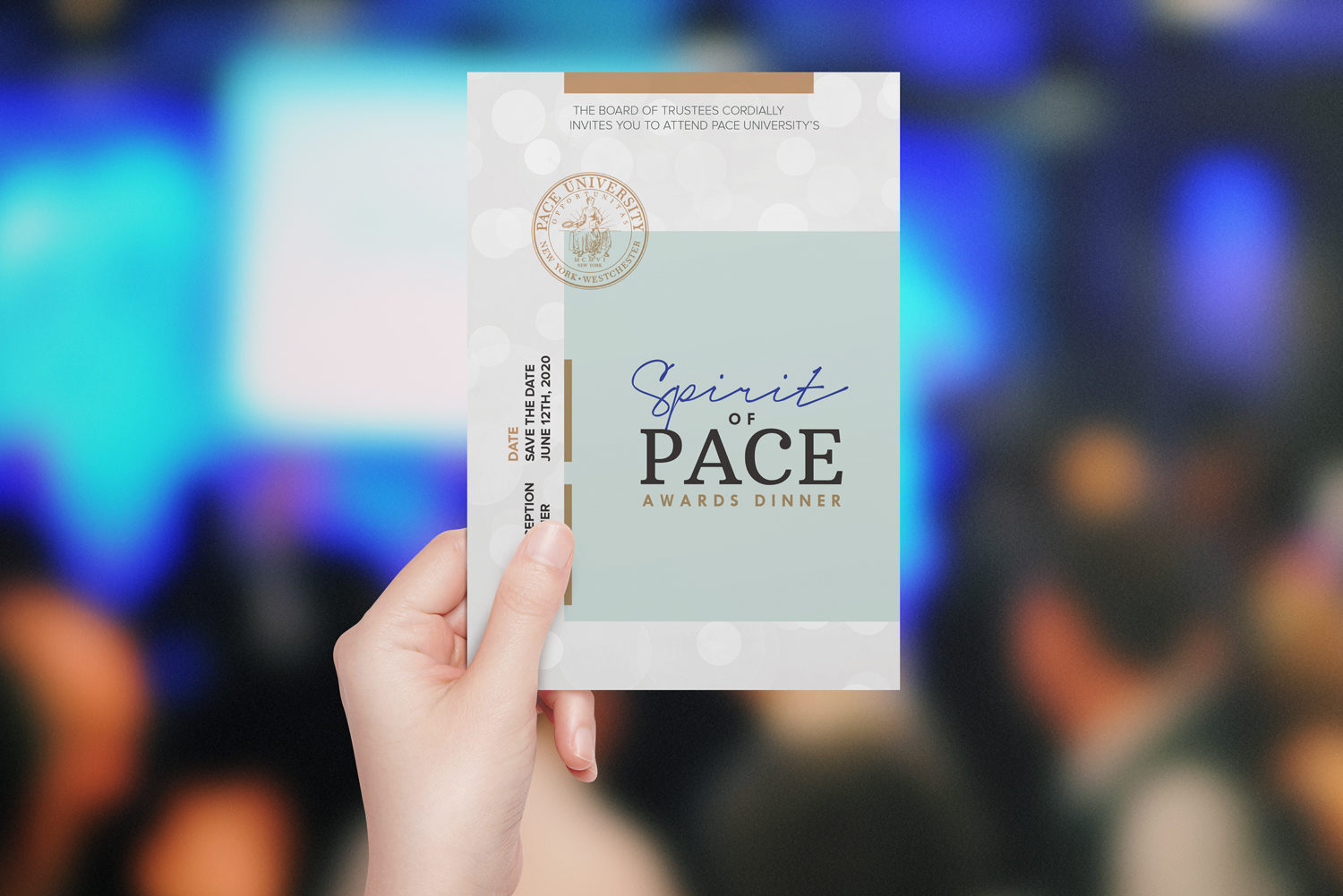 Spirit of PACE University invitation print design and production