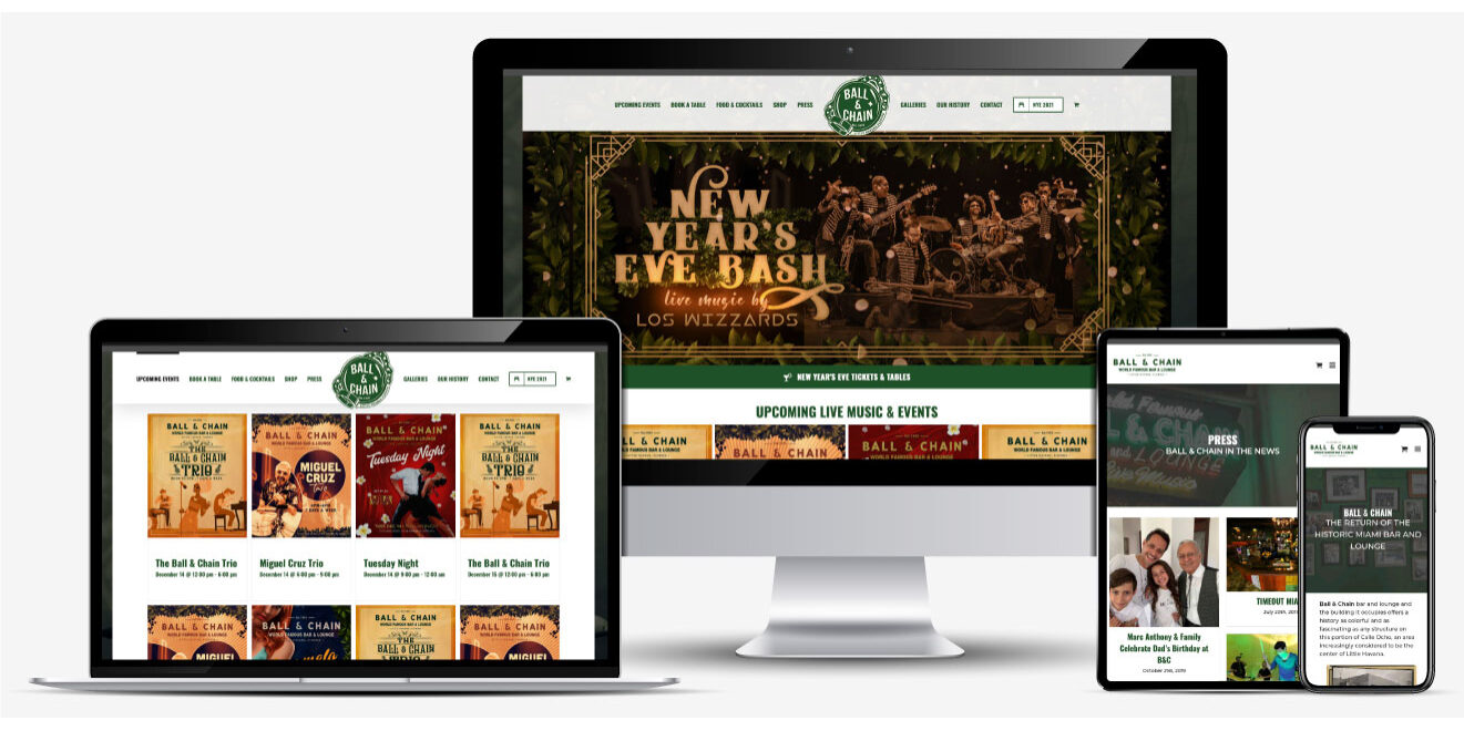 The Ball & Chain Miami club website on desktop, mobile, and laptop devices